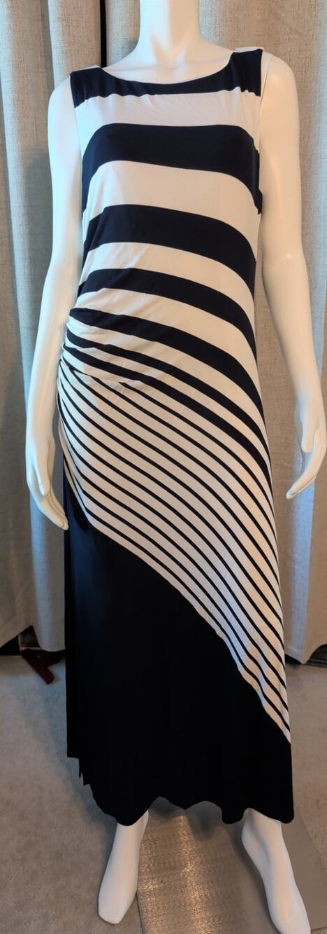 Soft Surroundings Vella Infinity Maxi Dress Body Con Navy White Ruched Side Lrg.